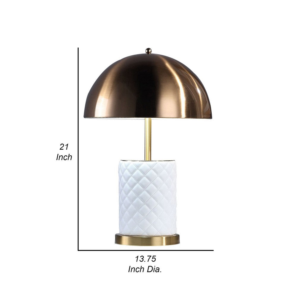 Benjara Aria 21 Inch Table Lamp, Dome Shade, Round Base, White Faux Leather, Brass