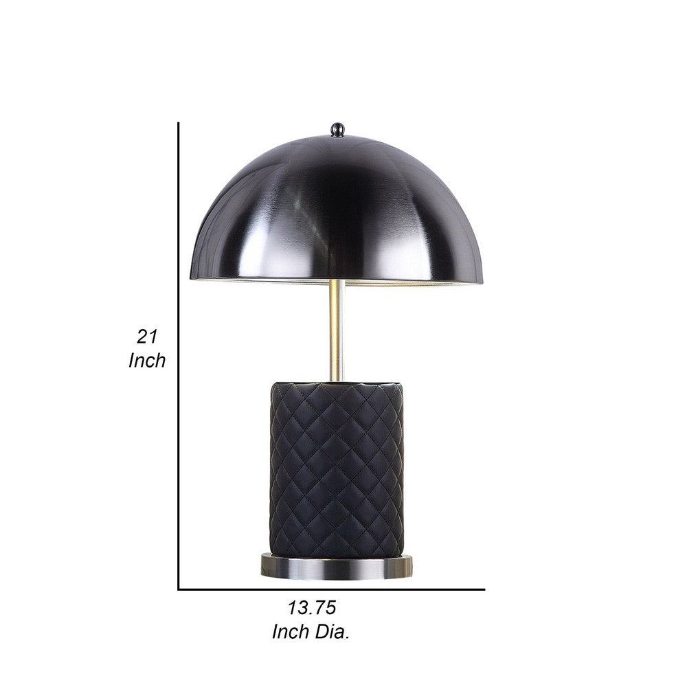 Benjara Aria 21 Inch Table Lamp, Round, Dome Shade, Dark Silver, Black Faux Leather
