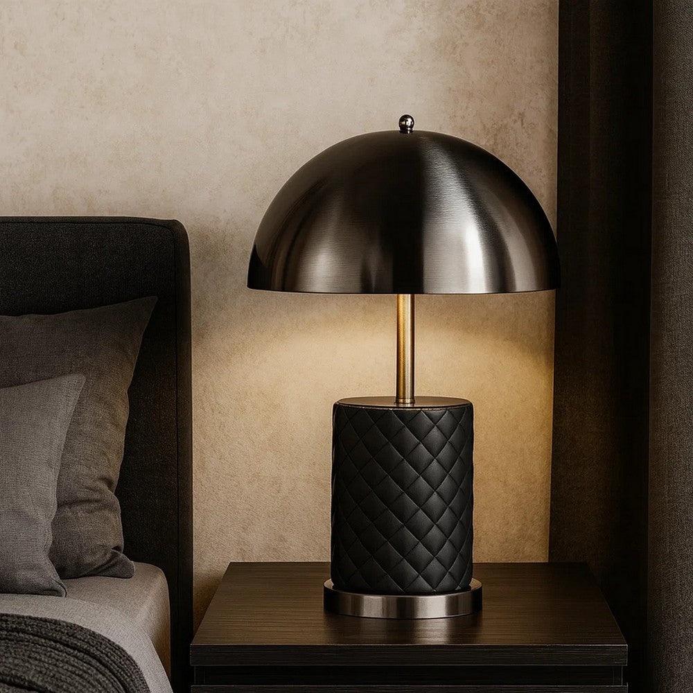 Benjara Aria 21 Inch Table Lamp, Round, Dome Shade, Dark Silver, Black Faux Leather