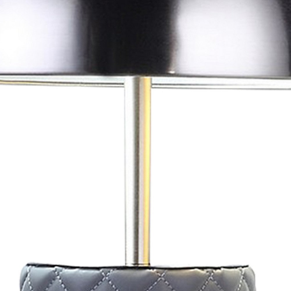 Benjara Aria 21 Inch Table Lamp, Dome Shade, Round, Gray Faux Leather, Dark Silver
