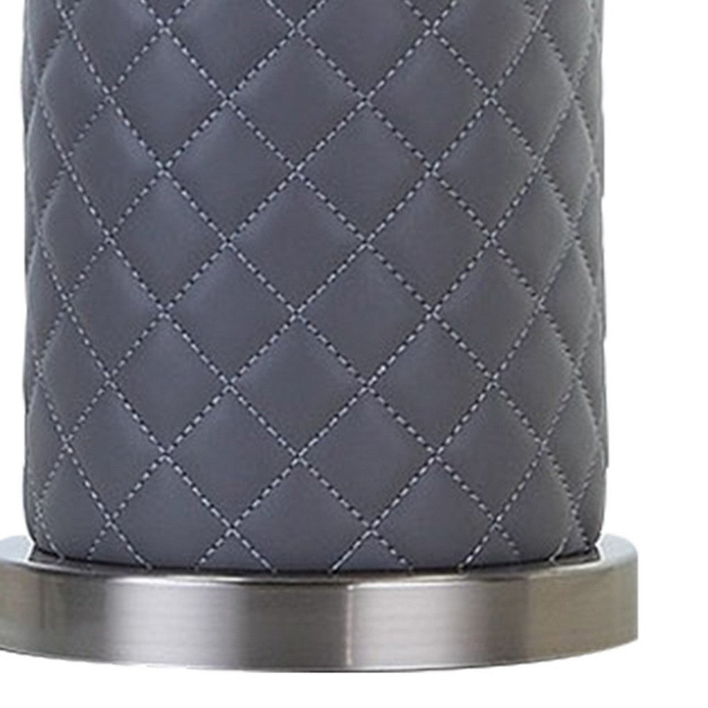 Benjara Aria 21 Inch Table Lamp, Dome Shade, Round, Gray Faux Leather, Dark Silver