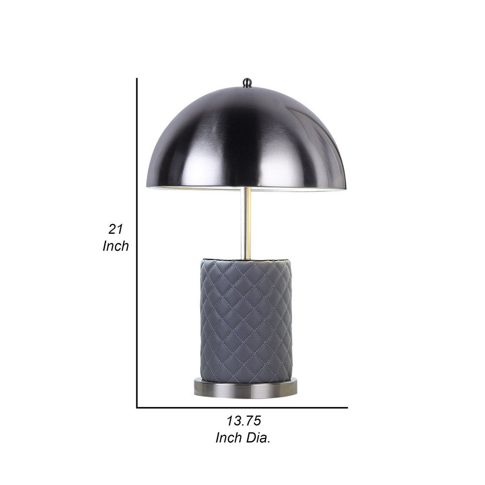 Benjara Aria 21 Inch Table Lamp, Dome Shade, Round, Gray Faux Leather, Dark Silver