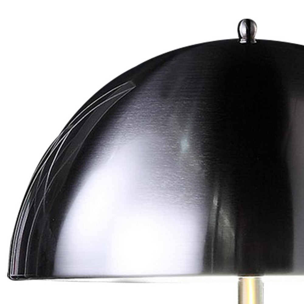 Benjara Aria 21 Inch Table Lamp, Round, Dome Shade, Dark Silver, White Faux Leather