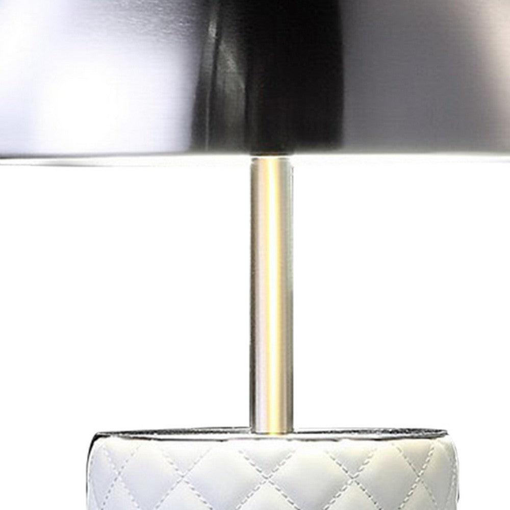 Benjara Aria 21 Inch Table Lamp, Round, Dome Shade, Dark Silver, White Faux Leather