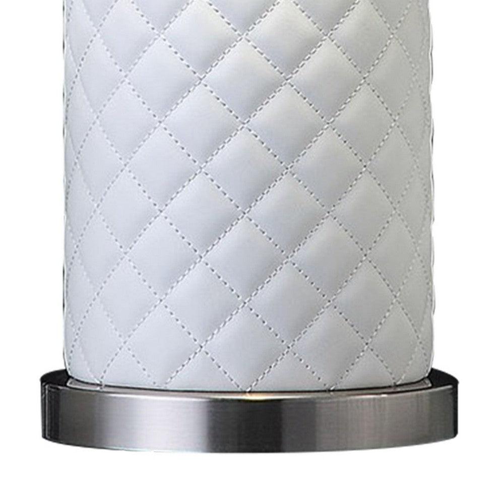 Benjara Aria 21 Inch Table Lamp, Round, Dome Shade, Dark Silver, White Faux Leather