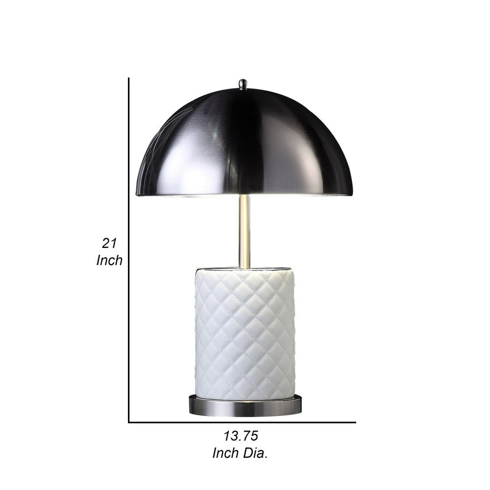 Benjara Aria 21 Inch Table Lamp, Round, Dome Shade, Dark Silver, White Faux Leather