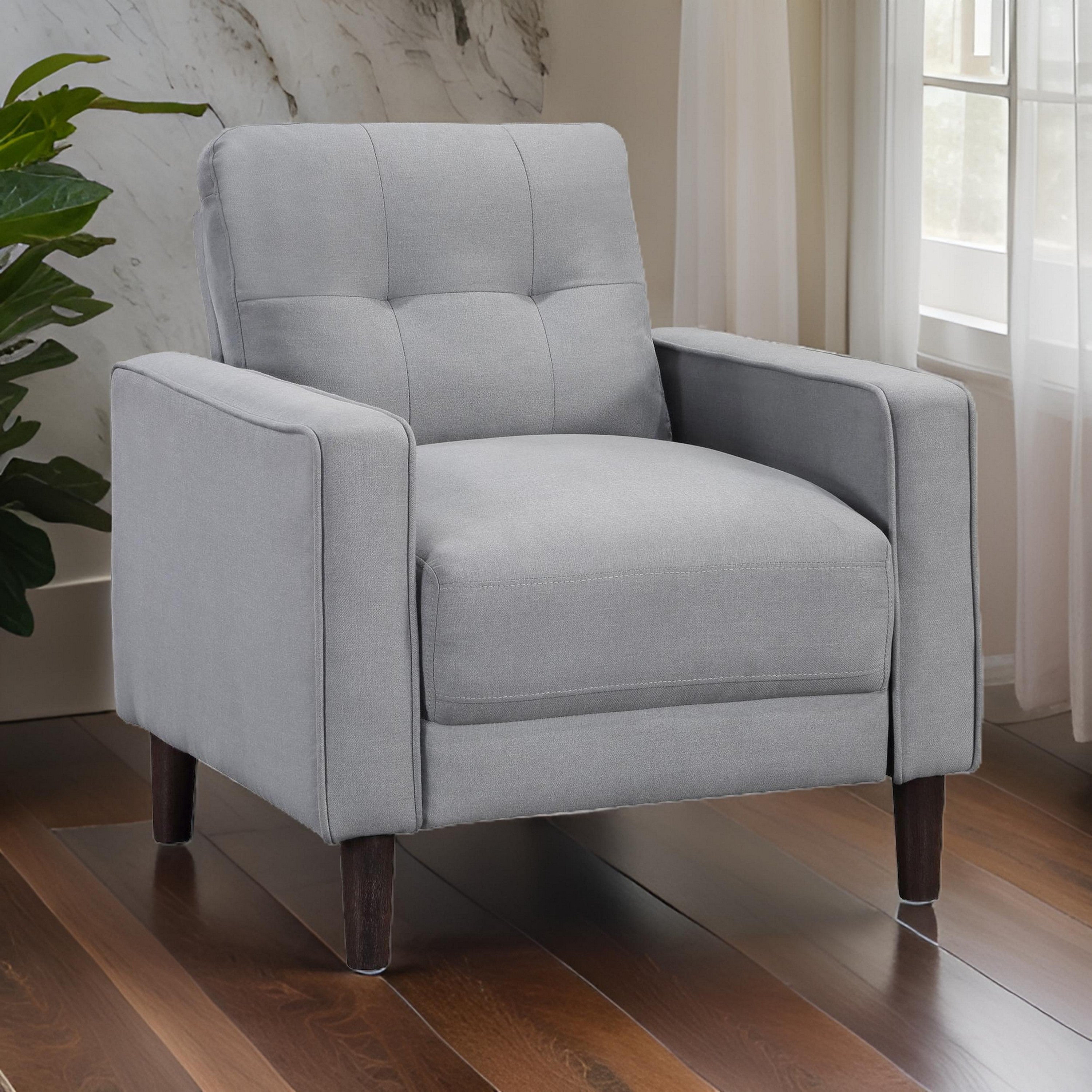 Benjara Bow 32 Inch Accent Chair, Grid Tufted, Track Arms, Self Welt Trim, Gray