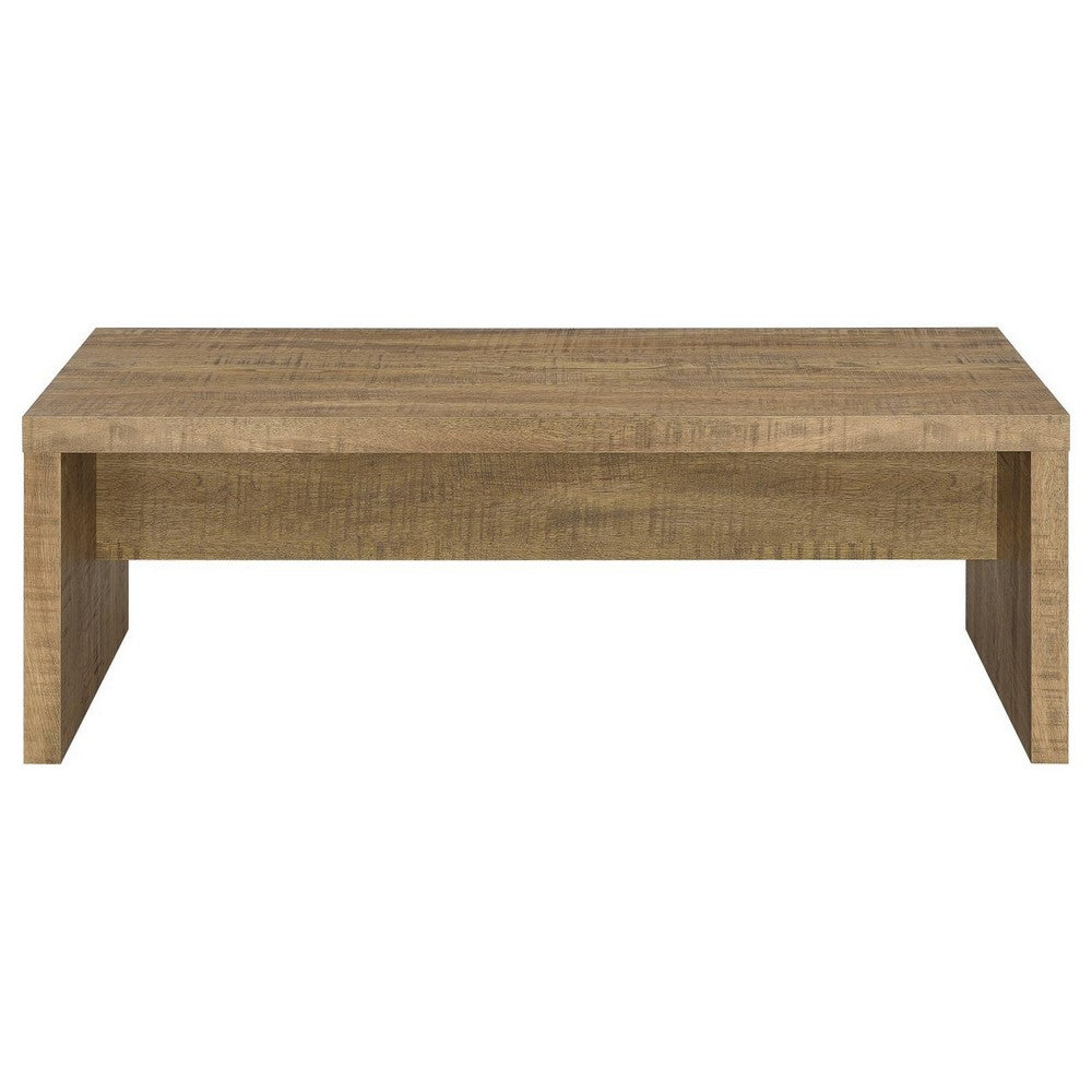 Benjara Nette 47 Inch Coffee Table with Rough Hewn Saw Marks, Wood, Natural Brown