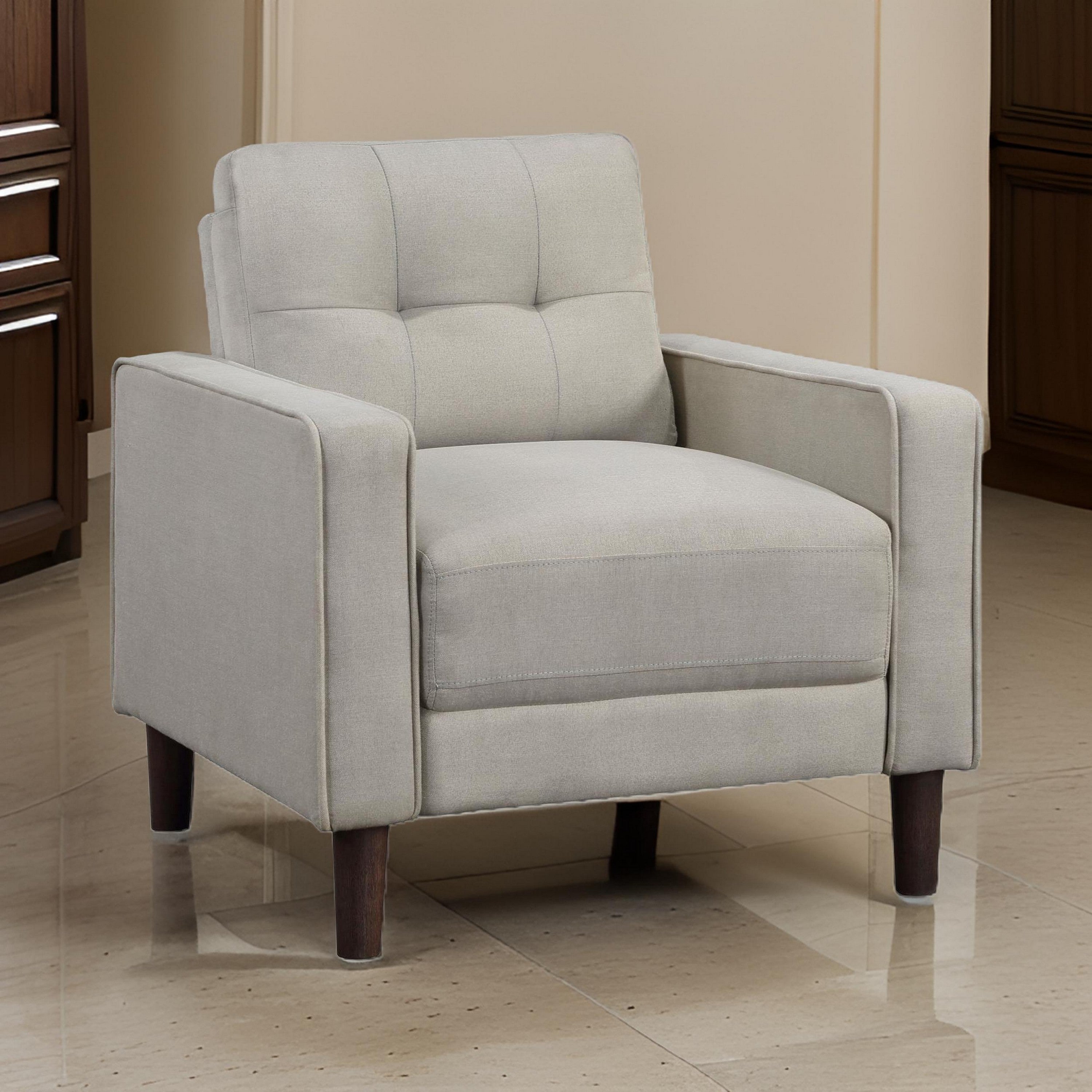 Benjara Bow 32 Inch Accent Chair, Grid Tufted, Track Arms, Self Welt Trim, Beige