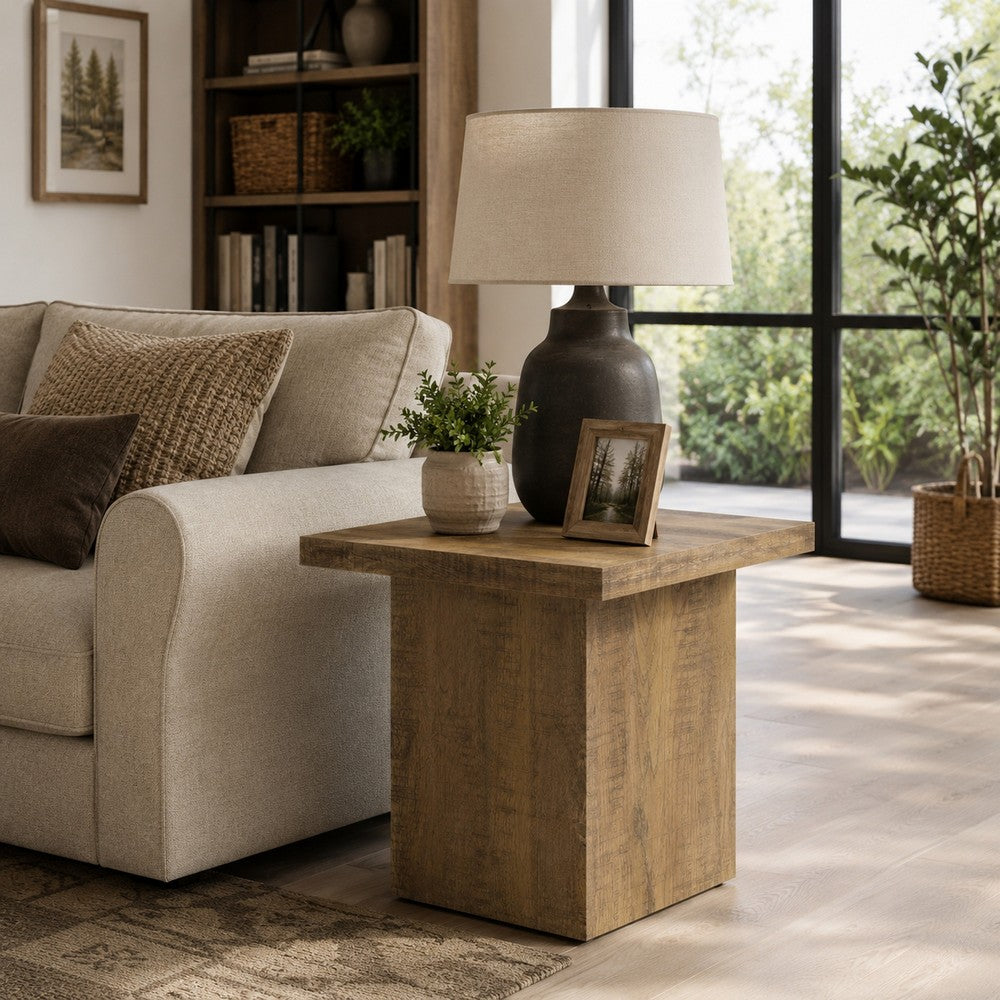 Benjara Zet 24 Inch Square End Table with Oversized Block Base, Mango Brown