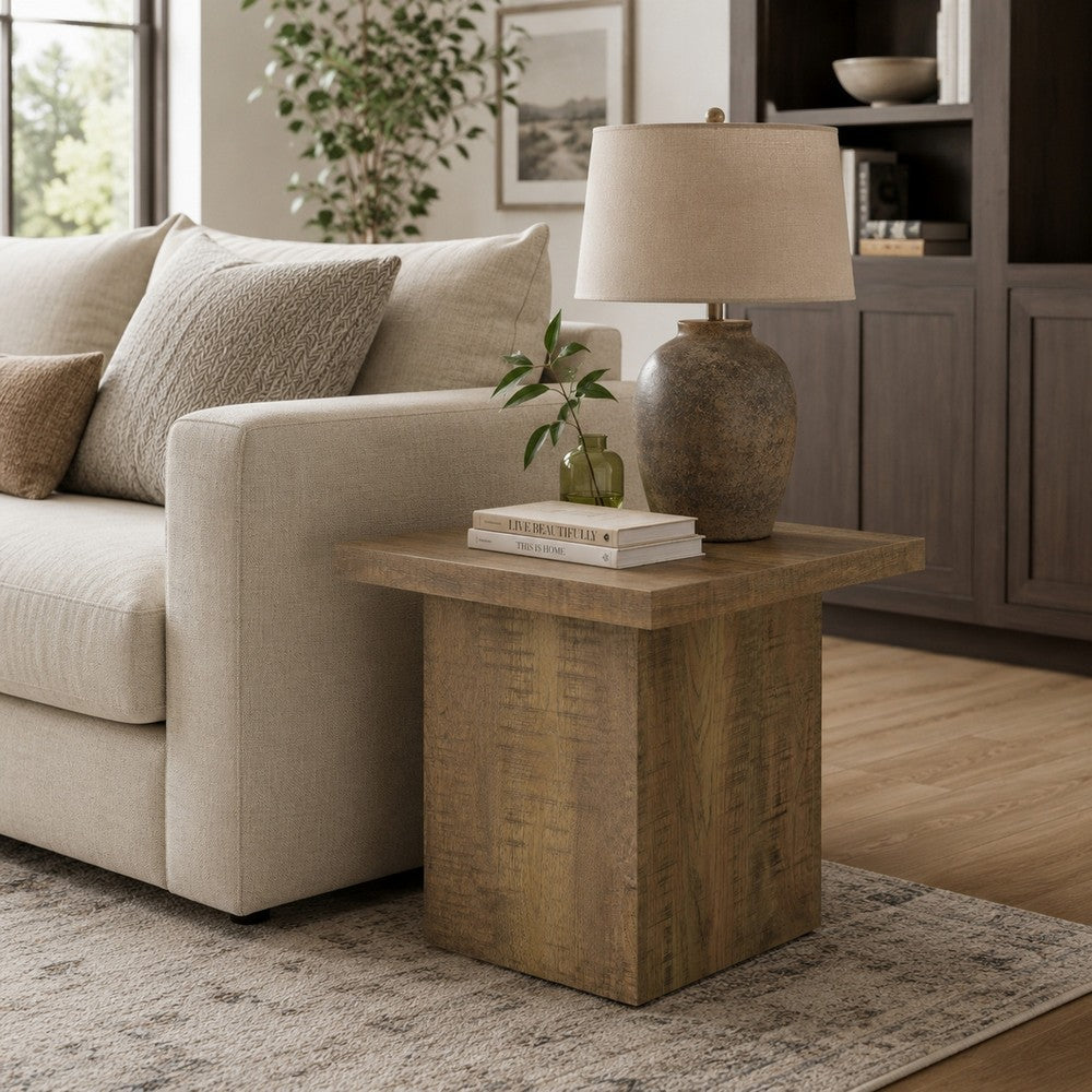 Benjara Zet 24 Inch Square End Table with Oversized Block Base, Mango Brown