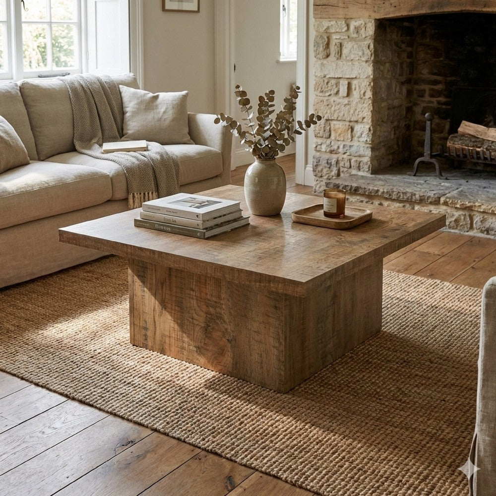Benjara Zet 36 Inch Square Coffee Table with Oversized Block Base, Mango Brown