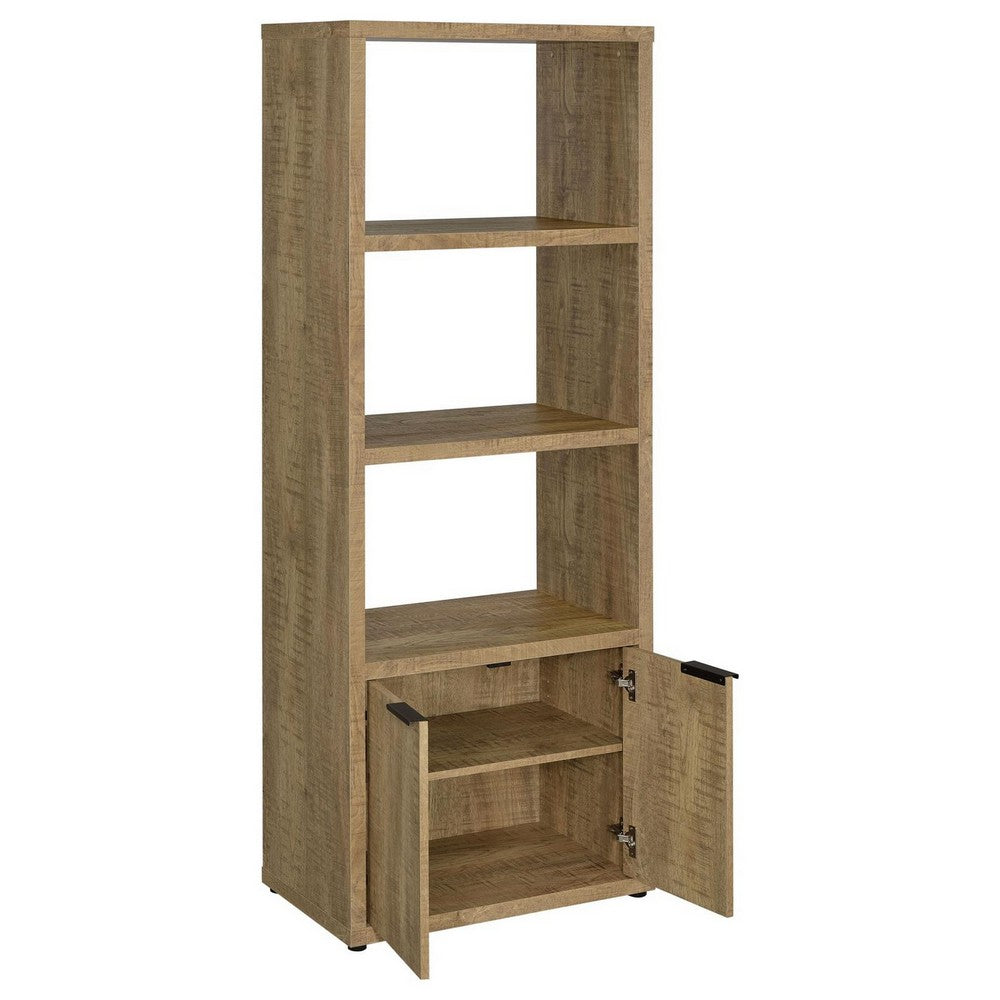 Benjara Tag 71 Inch Media Tower with 3 Shelves, 2 Doors, MDF Wood, Mango Brown