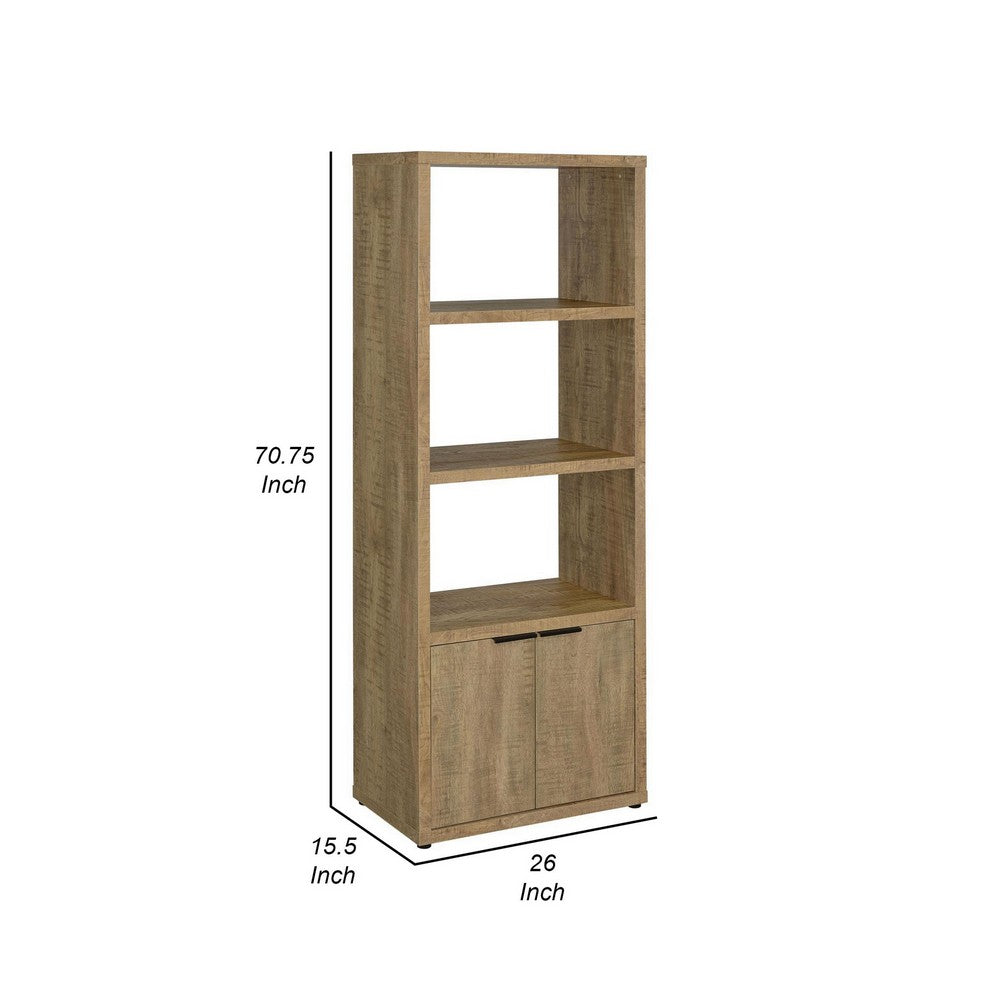 Benjara Tag 71 Inch Media Tower with 3 Shelves, 2 Doors, MDF Wood, Mango Brown