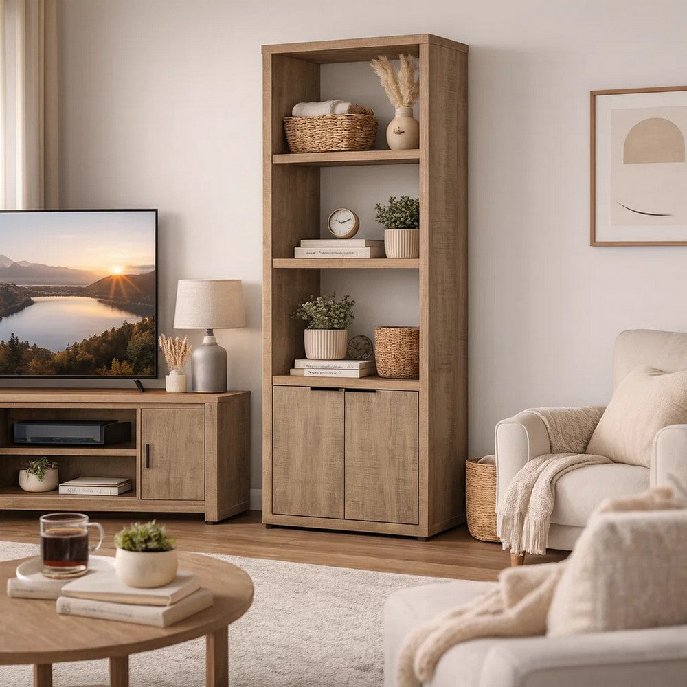 Benjara Tag 71 Inch Media Tower with 3 Shelves, 2 Doors, MDF Wood, Mango Brown