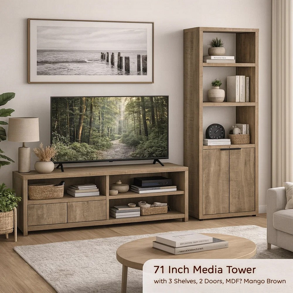 Benjara Tag 71 Inch Media Tower with 3 Shelves, 2 Doors, MDF Wood, Mango Brown
