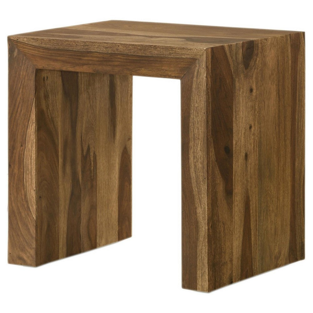 Benjara Ody 22 Inch Side End Table, U Shaped, Sheesham Wood, Auburn Brown Finish