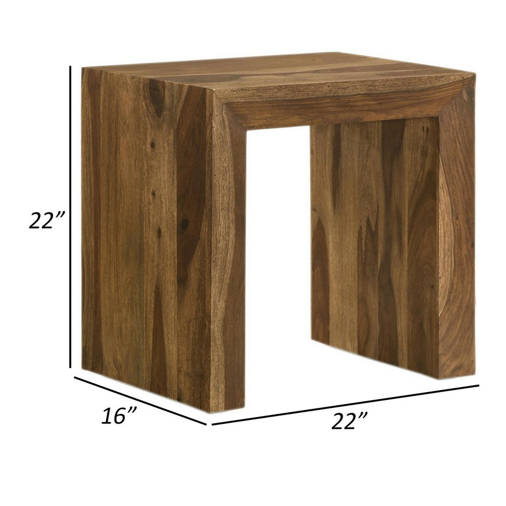 Benjara Ody 22 Inch Side End Table, U Shaped, Sheesham Wood, Auburn Brown Finish