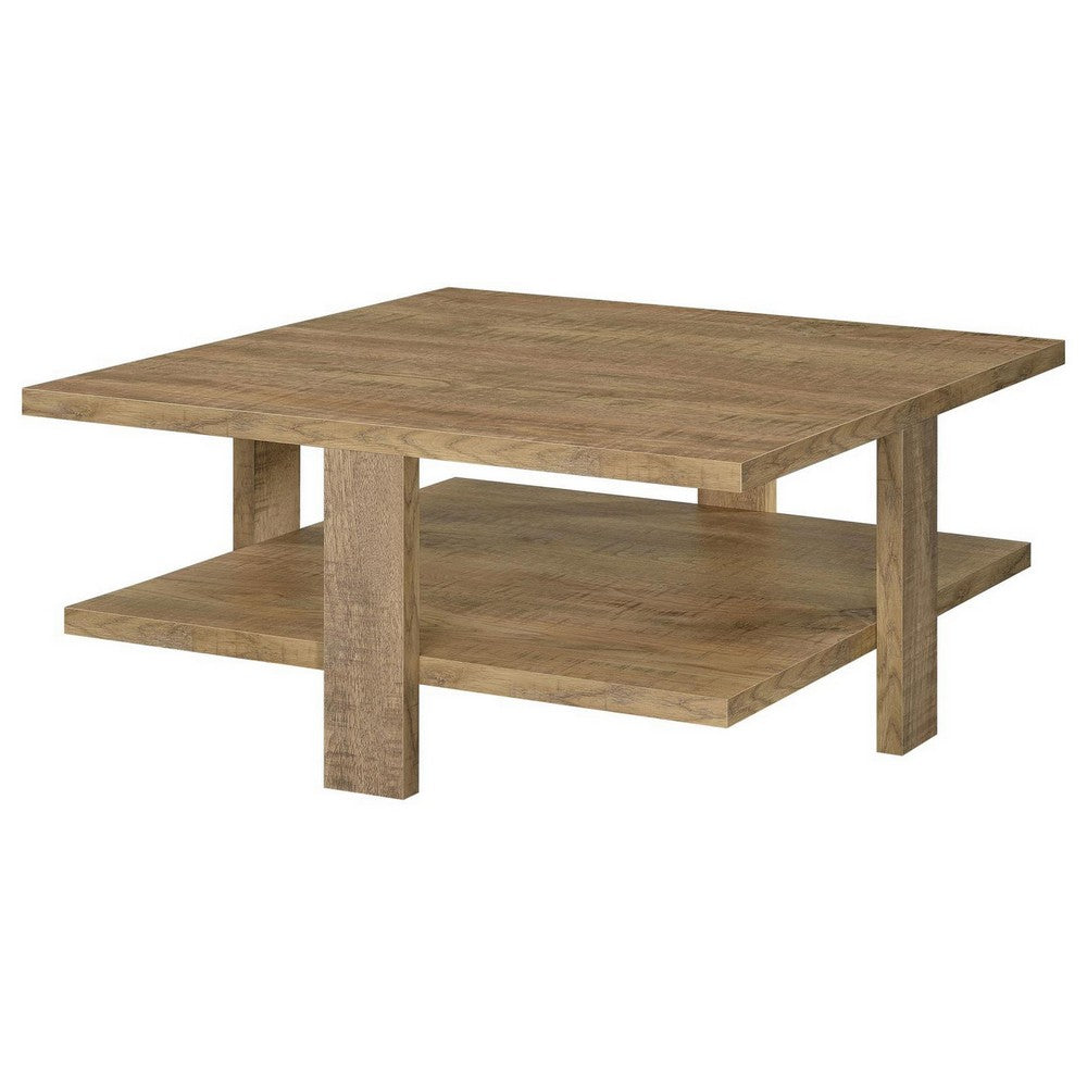 Benjara Dew 36 Inch Side Coffee Table, Lower Shelf, Engineered Wood, Mango Brown