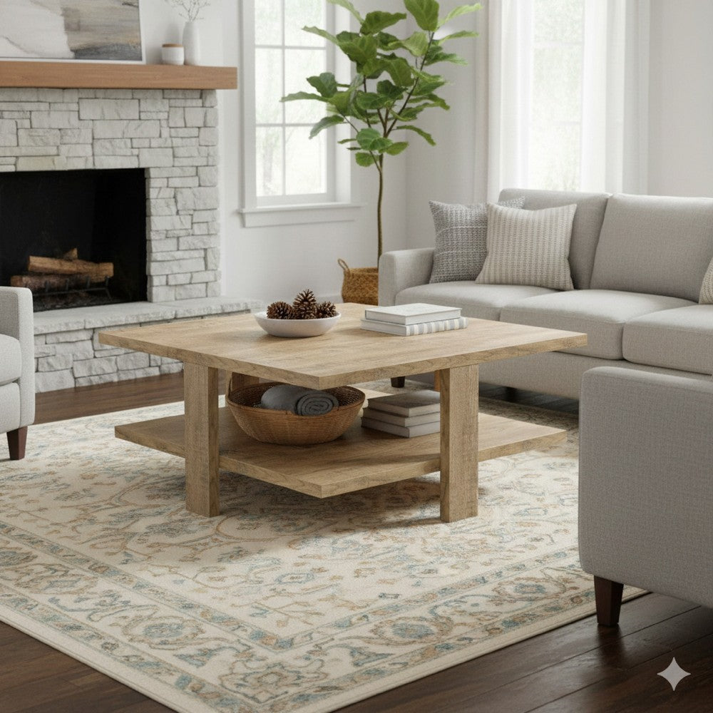 Benjara Dew 36 Inch Side Coffee Table, Lower Shelf, Engineered Wood, Mango Brown