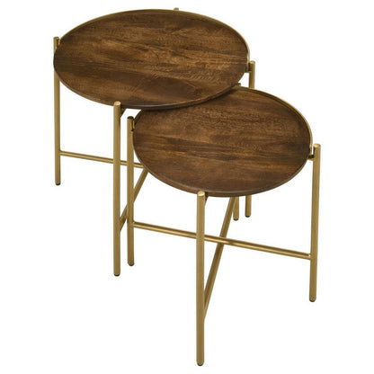 Benjara 2 Piece Round Nesting Tables, Gold Iron, Modern Mango Wood, Warm Brown