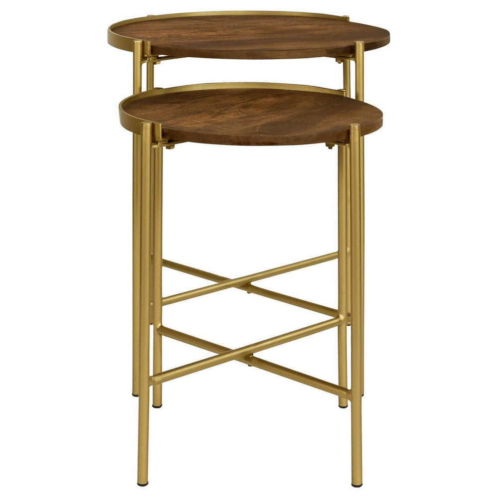 Benjara 2 Piece Round Nesting Tables, Gold Iron, Modern Mango Wood, Warm Brown