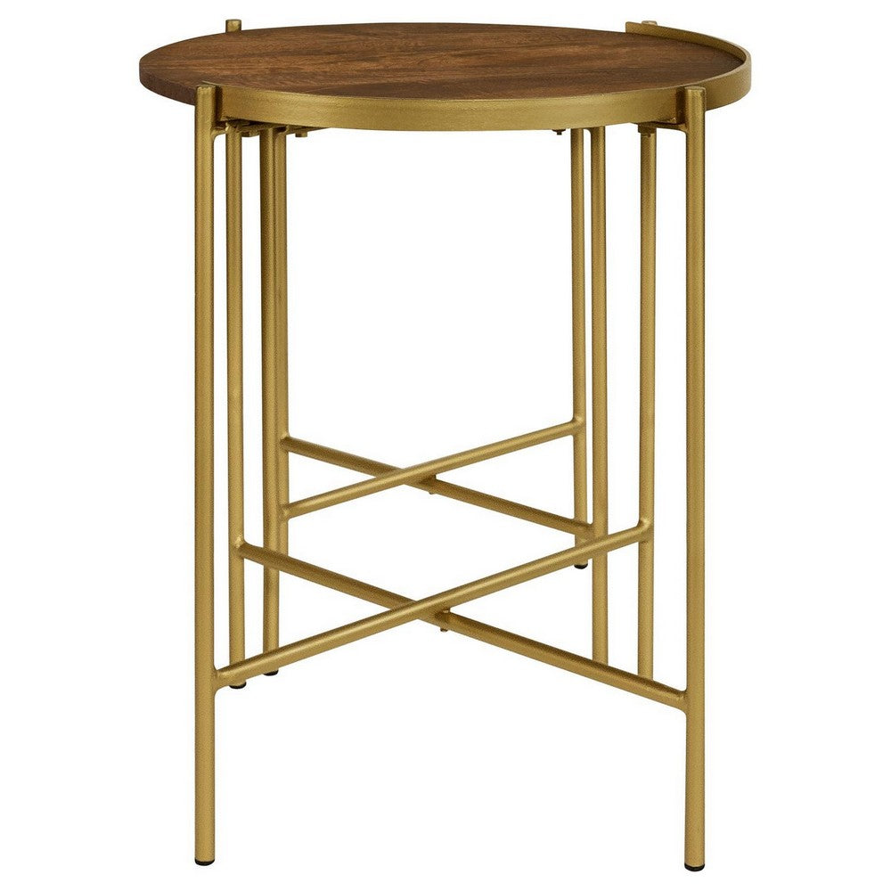 Benjara 2 Piece Round Nesting Tables, Gold Iron, Modern Mango Wood, Warm Brown