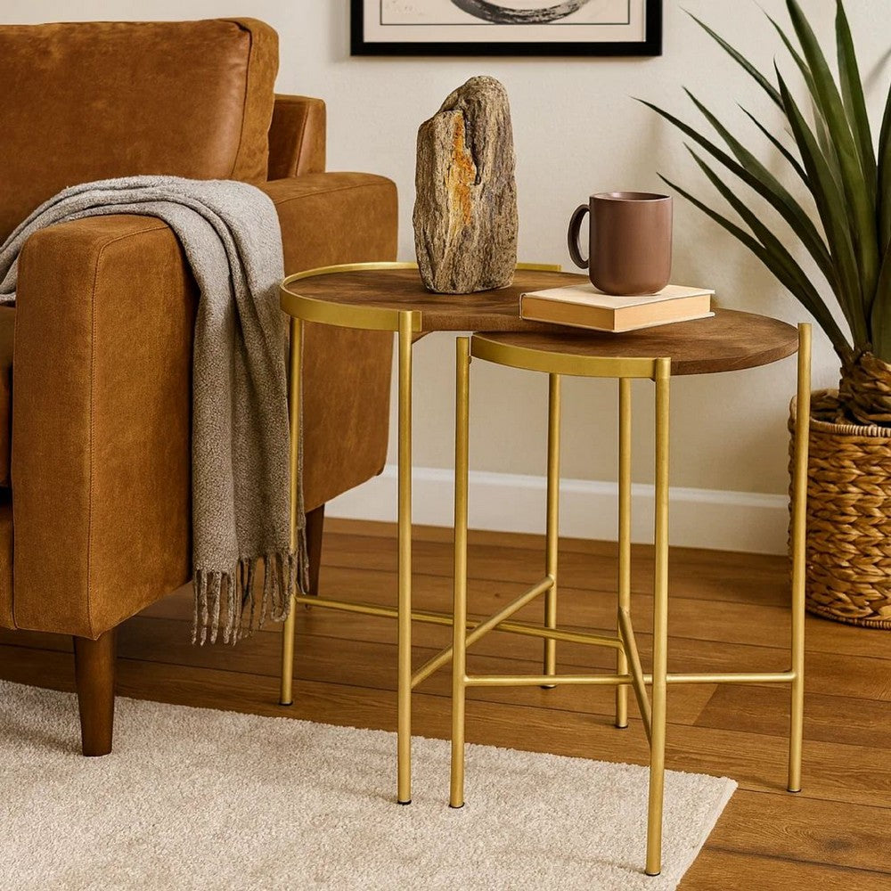 Benjara 2 Piece Round Nesting Tables, Gold Iron, Modern Mango Wood, Warm Brown