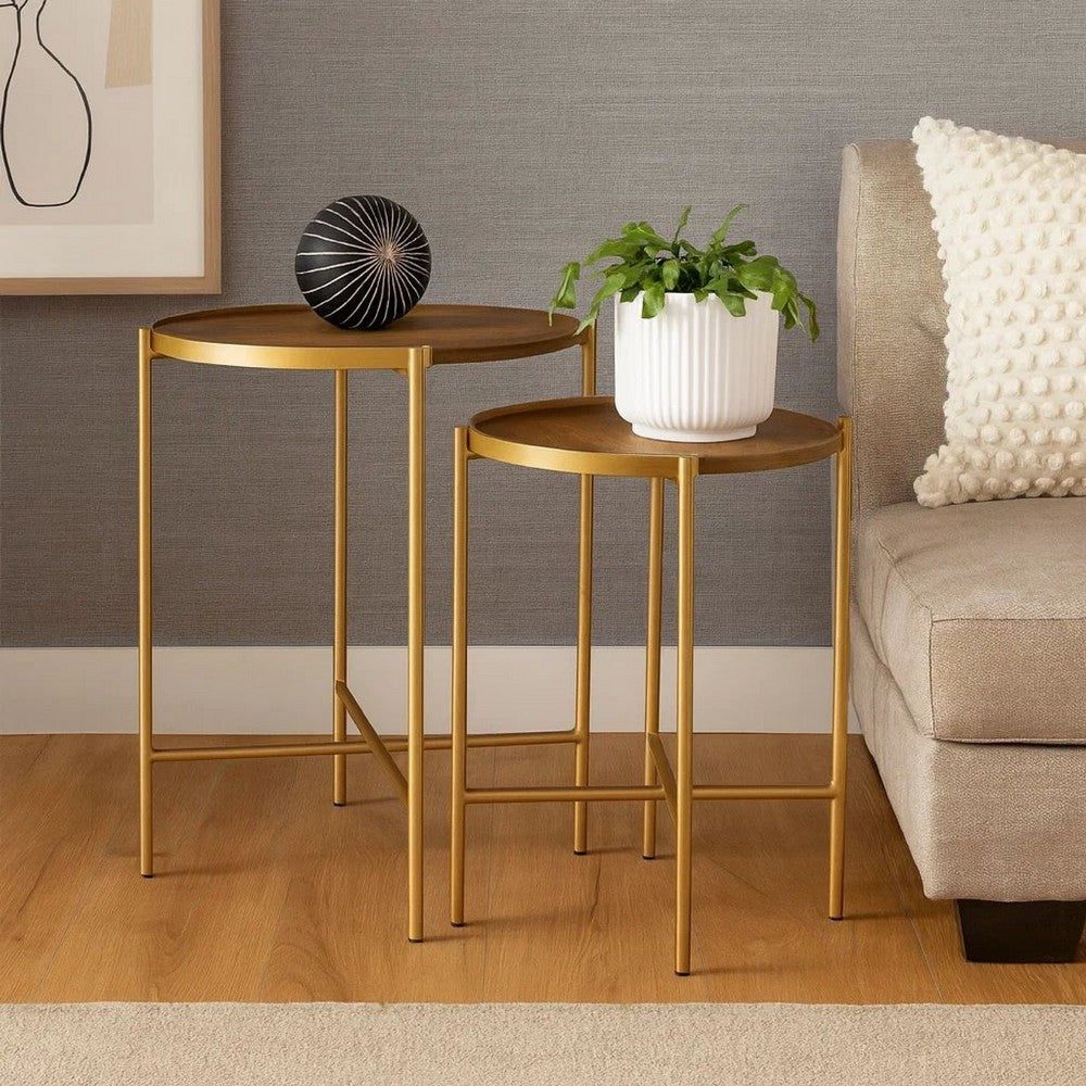 Benjara 2 Piece Round Nesting Tables, Gold Iron, Modern Mango Wood, Warm Brown