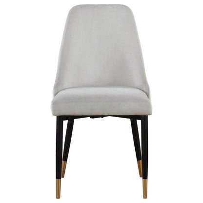 Benjara 24 Inch Dining Chair, Set of 2, Light Gray Velvet, Tall Curved Back, Brass