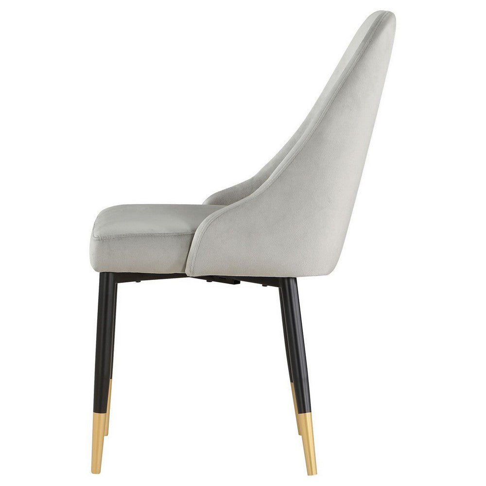 Benjara 24 Inch Dining Chair, Set of 2, Light Gray Velvet, Tall Curved Back, Brass