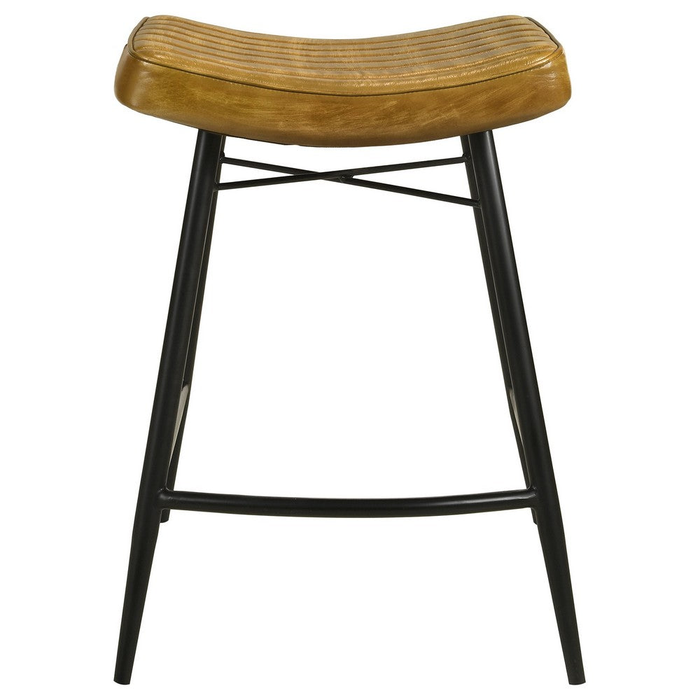 Benjara Vini 25 Inch Counter Stool Set of 2, Curved Leather Seat, Tufted, Brown