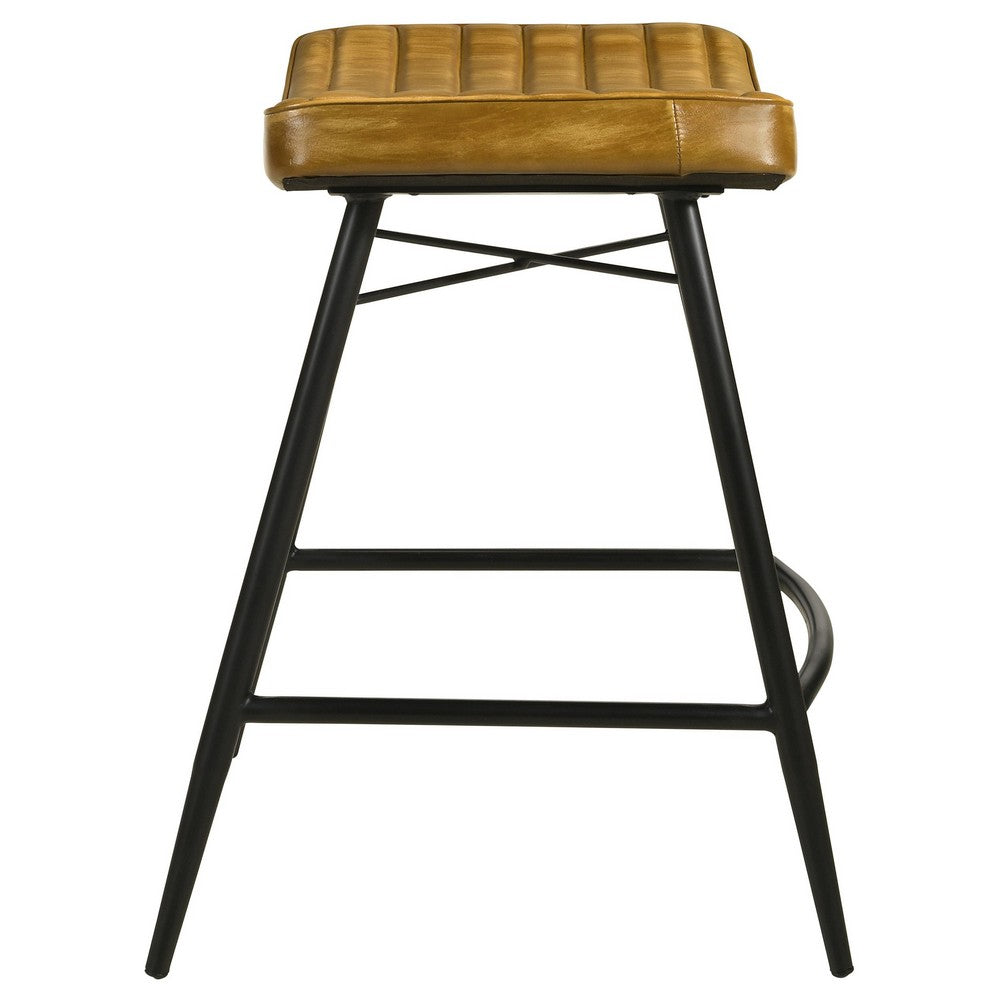 Benjara Vini 25 Inch Counter Stool Set of 2, Curved Leather Seat, Tufted, Brown