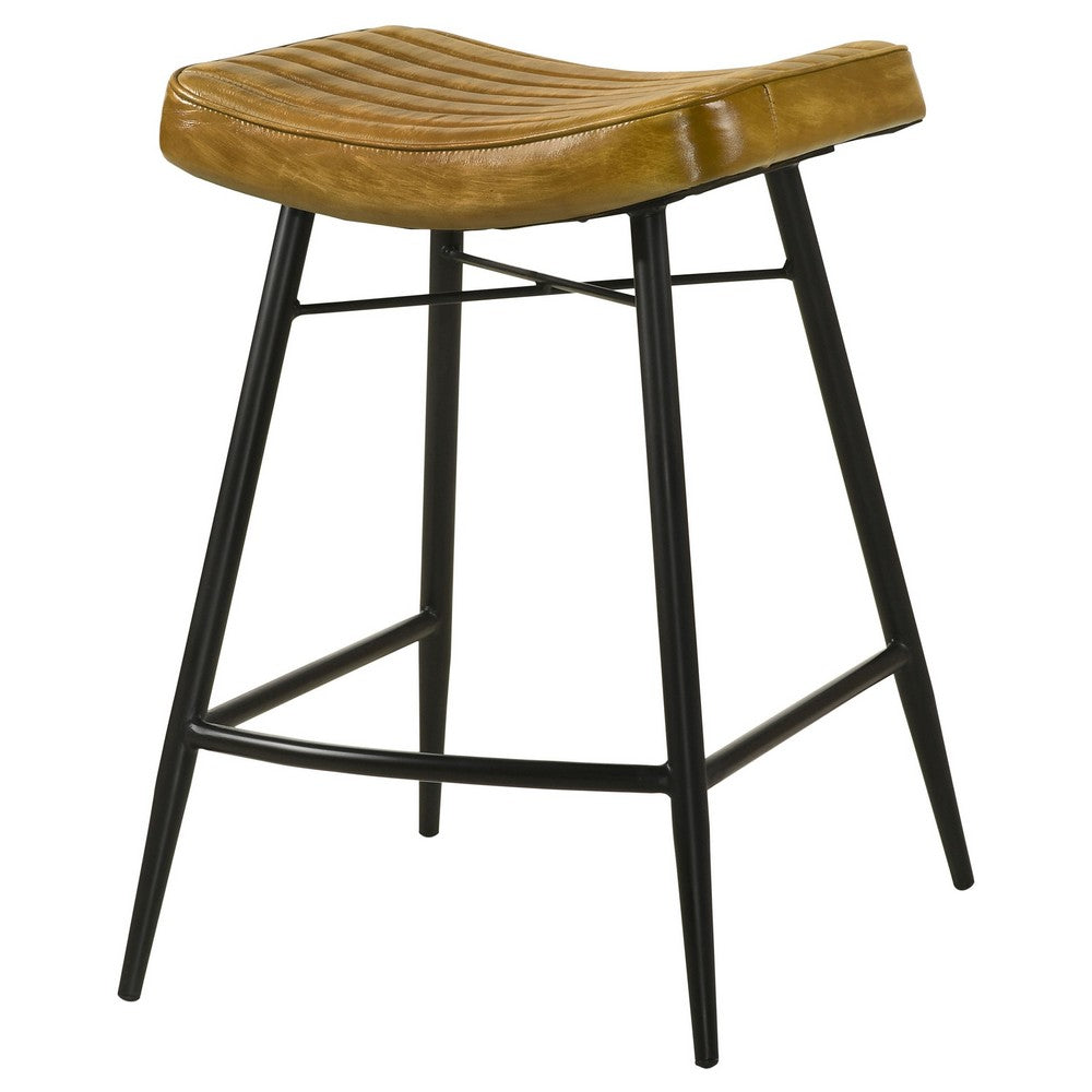 Benjara Vini 25 Inch Counter Stool Set of 2, Curved Leather Seat, Tufted, Brown