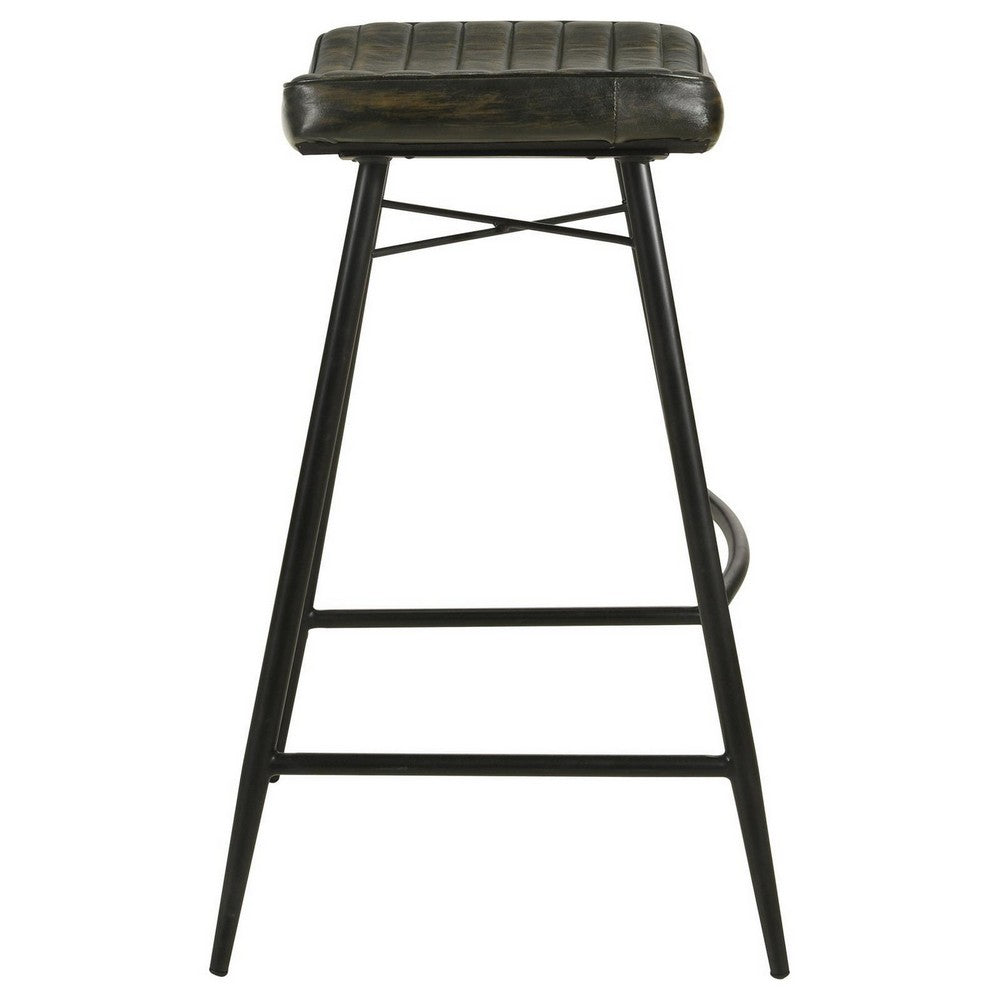 Benjara Vini 30 Inch Bar Stool Set of 2, Curved Leather Seat, Channel Tufted, Black