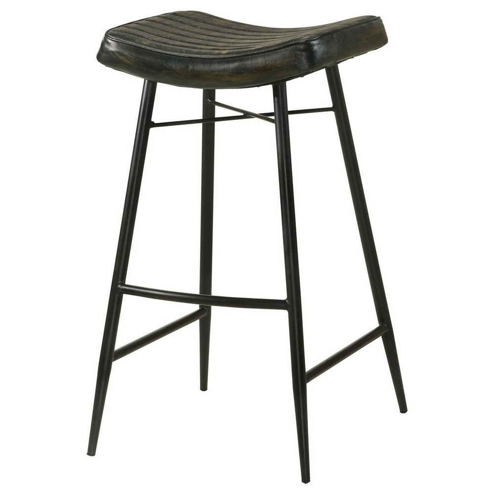 Benjara Vini 30 Inch Bar Stool Set of 2, Curved Leather Seat, Channel Tufted, Black