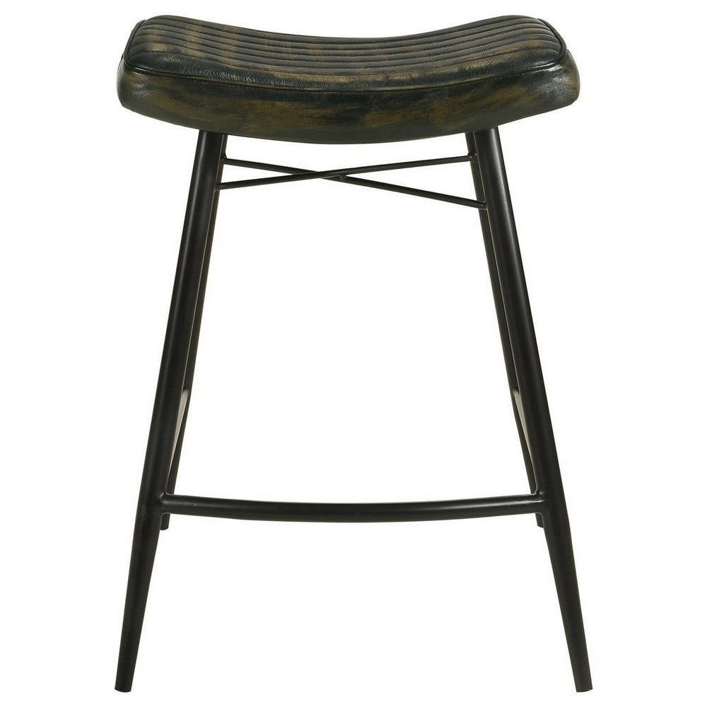 Benjara Vini 25 Inch Counter Stool Set of 2, Curved Leather Seat, Tufted Black