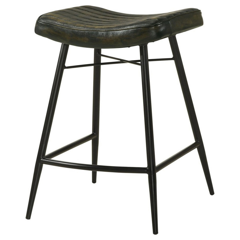 Benjara Vini 25 Inch Counter Stool Set of 2, Curved Leather Seat, Tufted Black