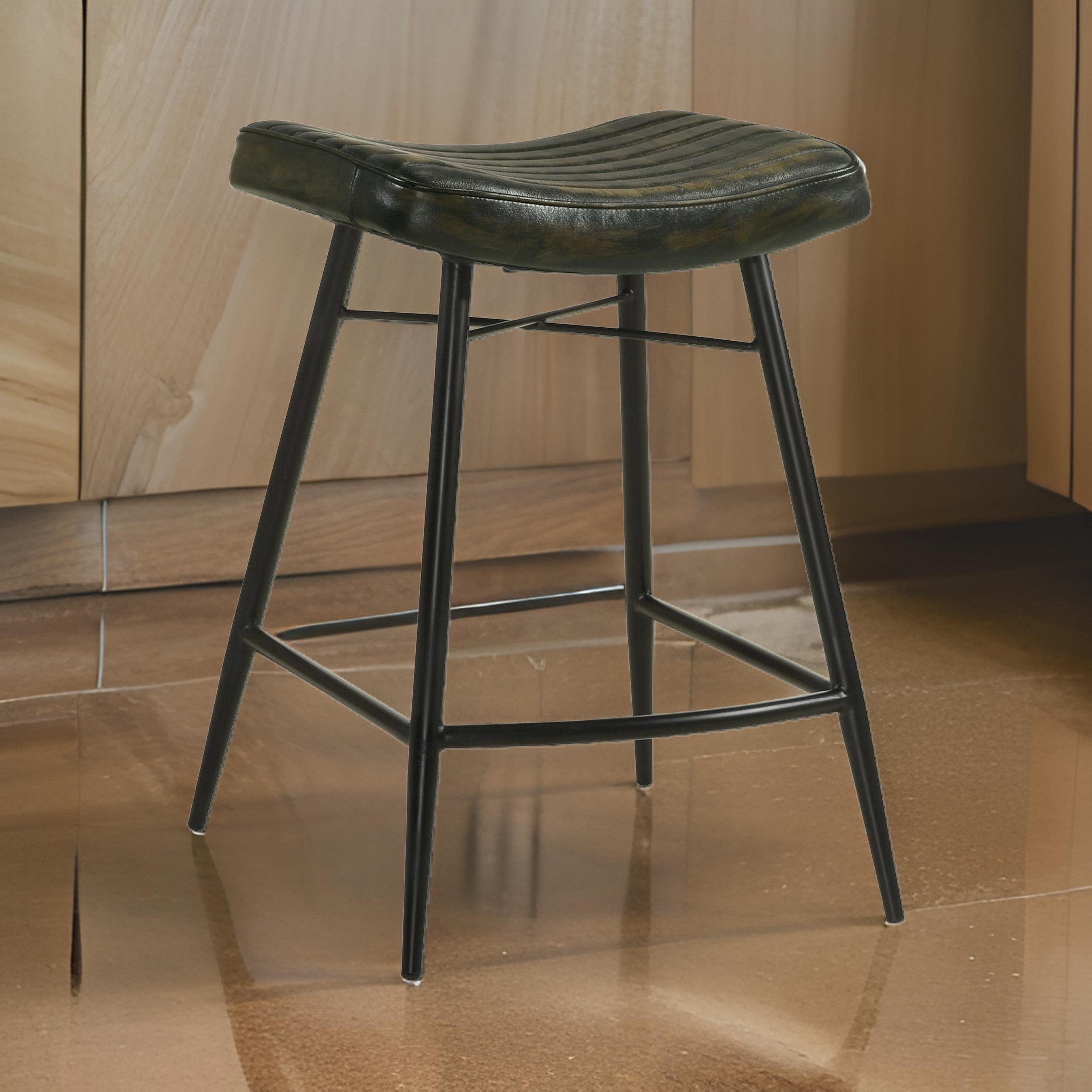 Benjara Vini 25 Inch Counter Stool Set of 2, Curved Leather Seat, Tufted Black