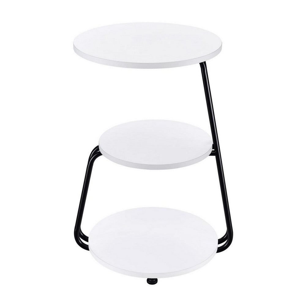 Benjara 26 Inch Side End Table, 3 Tier Design, Black Metal Frame, White Finish