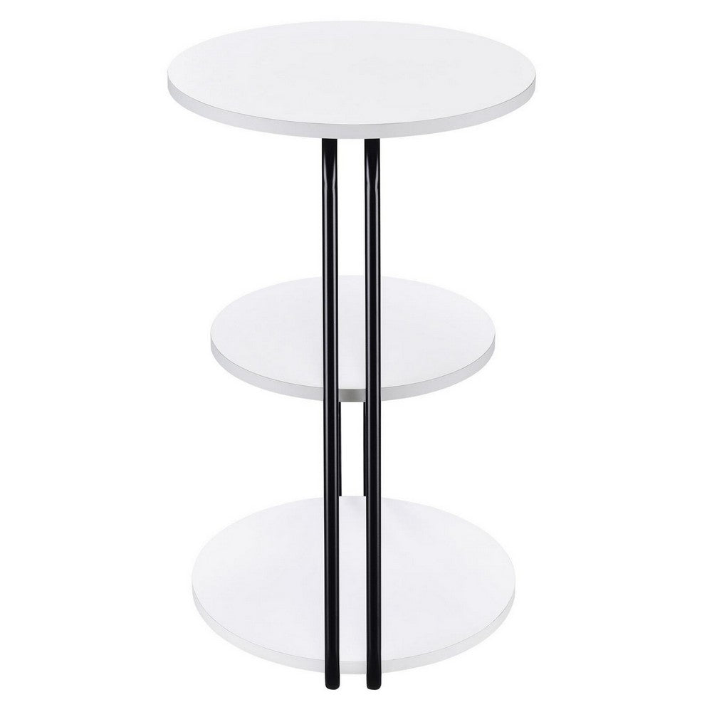 Benjara 26 Inch Side End Table, 3 Tier Design, Black Metal Frame, White Finish