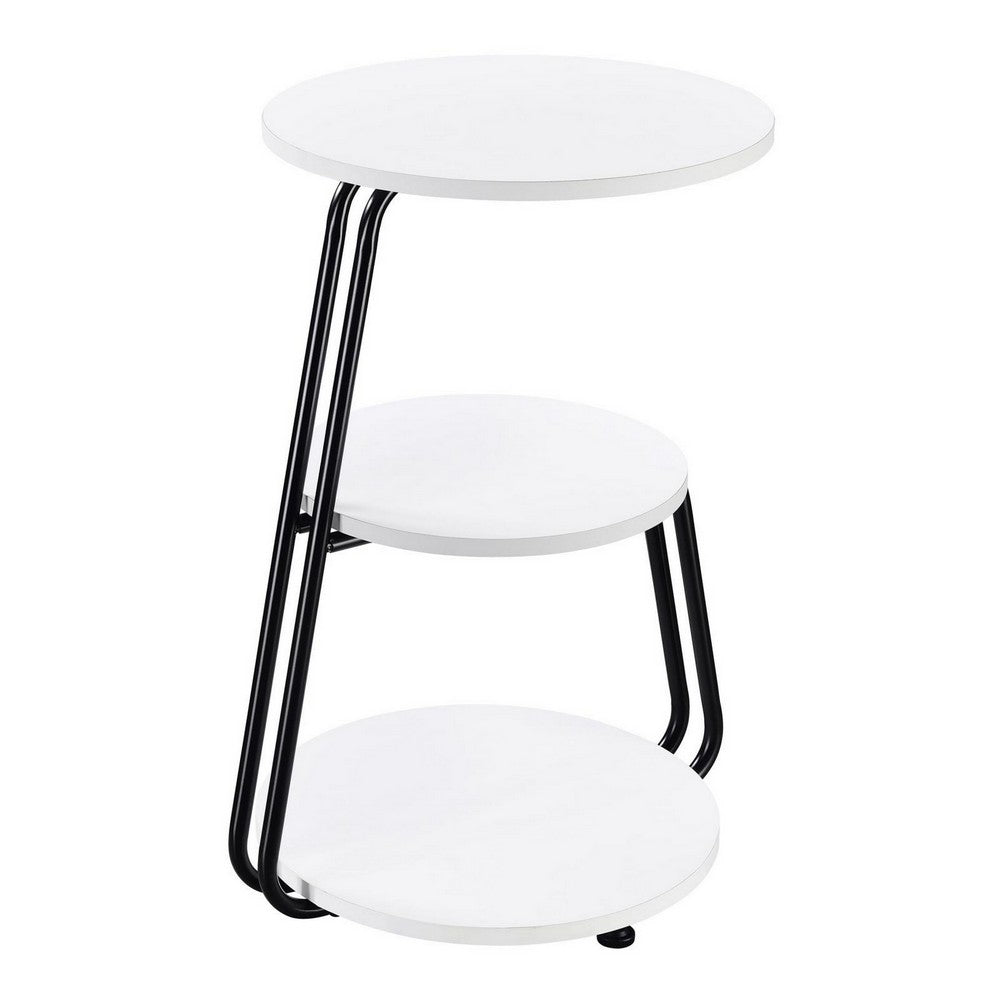 Benjara 26 Inch Side End Table, 3 Tier Design, Black Metal Frame, White Finish