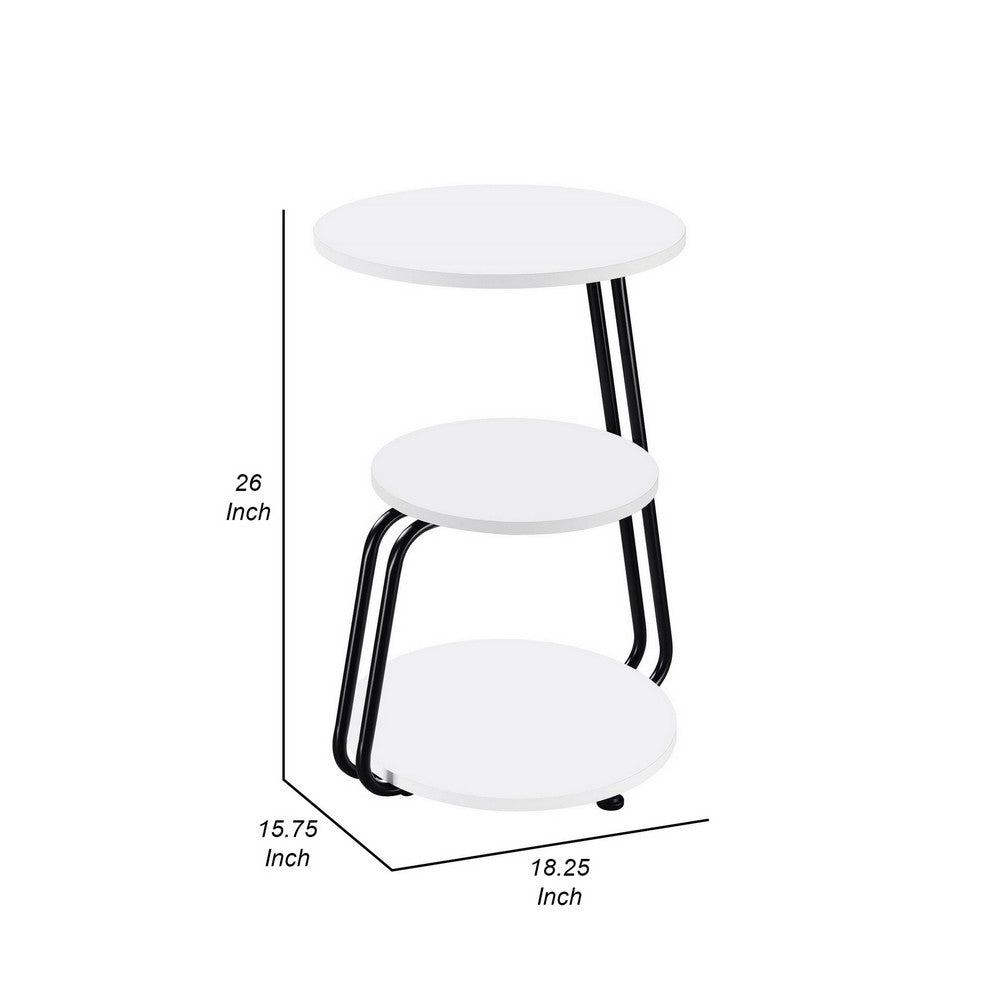 Benjara 26 Inch Side End Table, 3 Tier Design, Black Metal Frame, White Finish