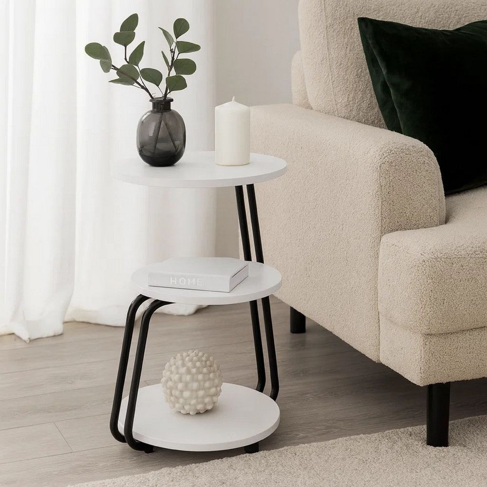 Benjara 26 Inch Side End Table, 3 Tier Design, Black Metal Frame, White Finish