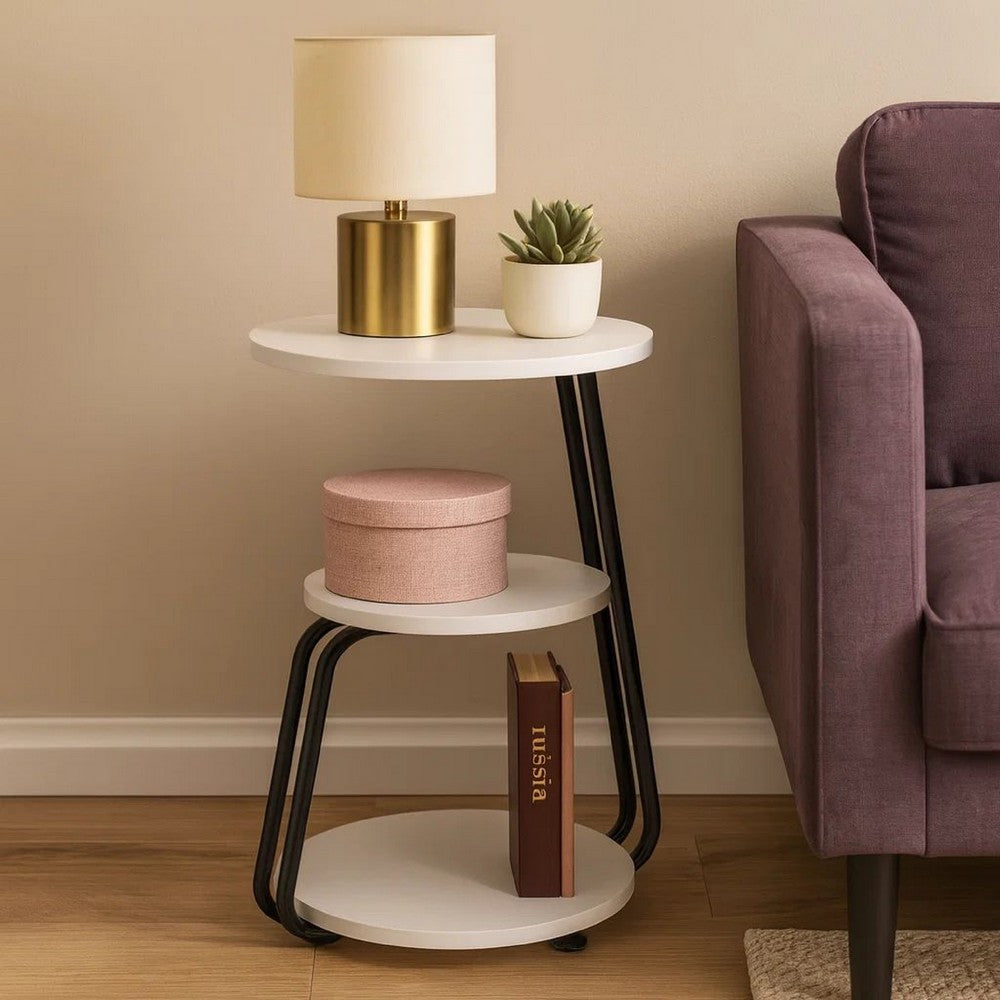 Benjara 26 Inch Side End Table, 3 Tier Design, Black Metal Frame, White Finish