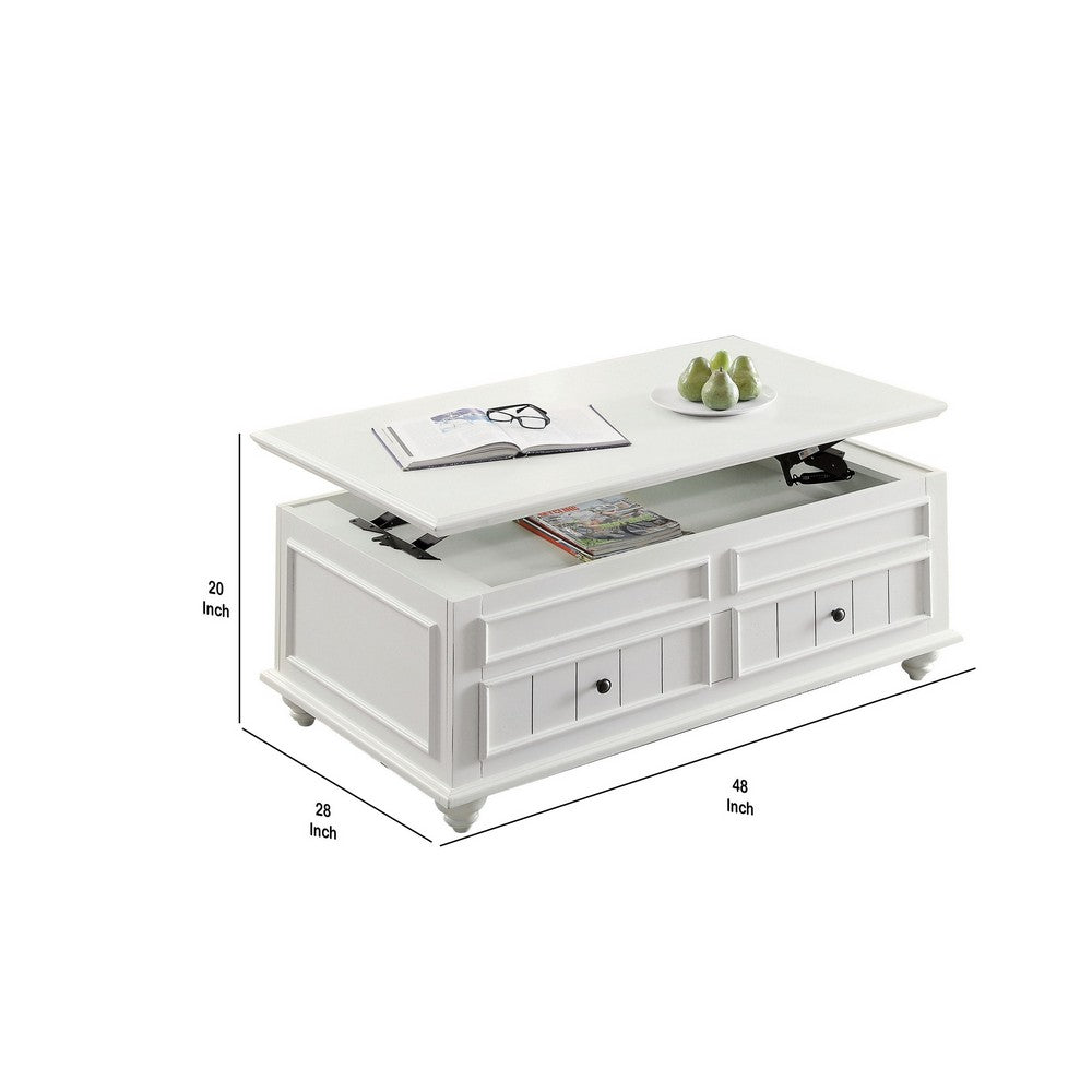 Benjara 48 Inch Coffee Table, Lift Top Function, 2 Drawers, White Poplar Wood