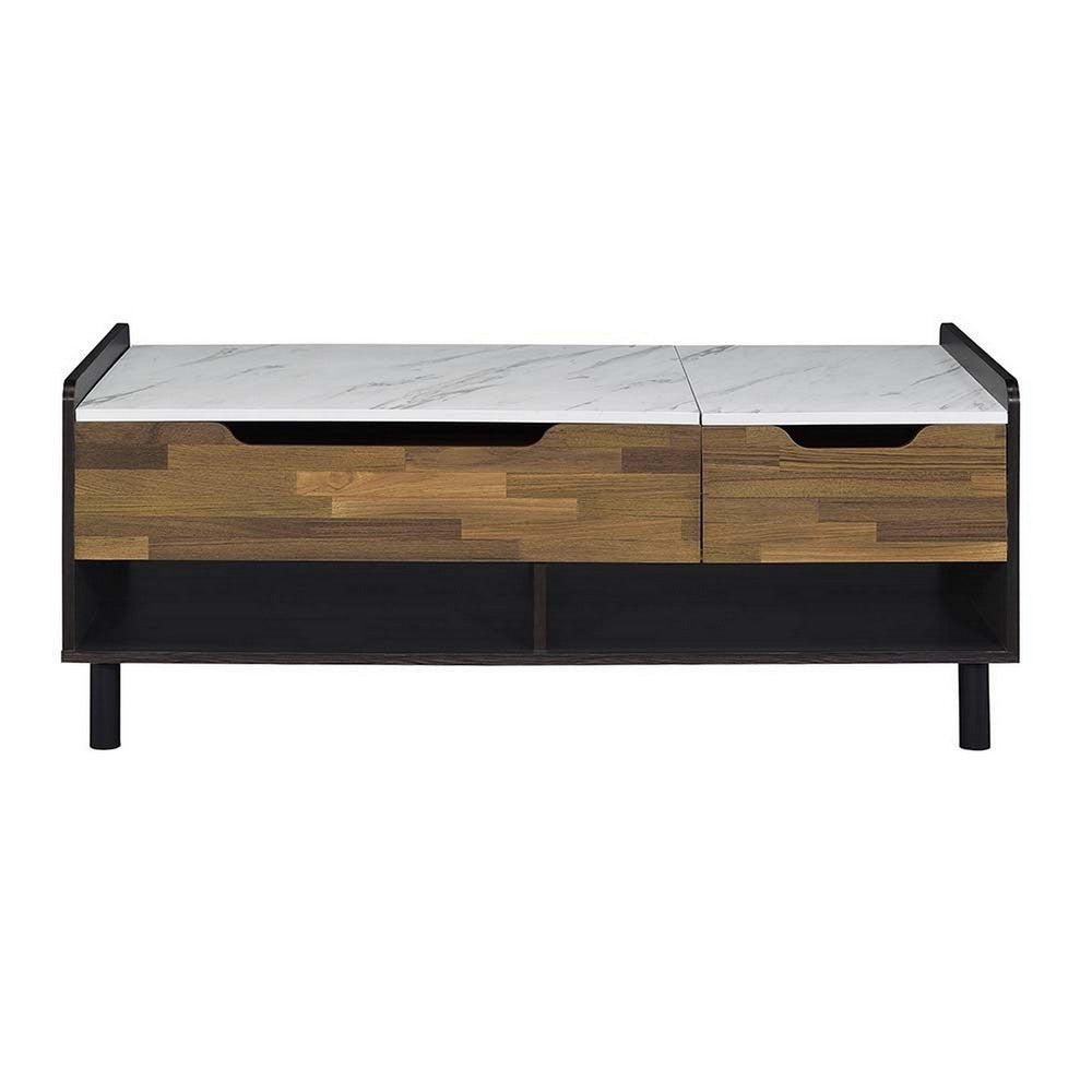 Benjara 47 Inch Coffee Table, Faux Marble Finished Top, Lift Top, Brown, Black