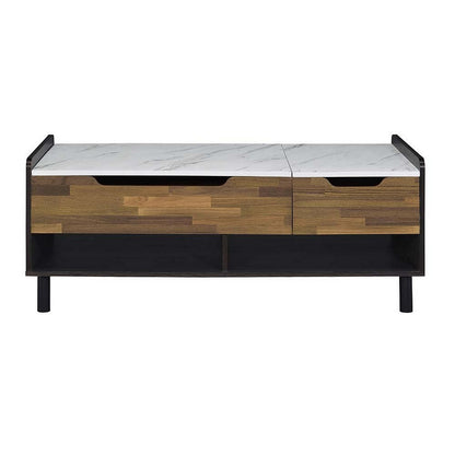 Benjara 47 Inch Coffee Table, Faux Marble Finished Top, Lift Top, Brown, Black