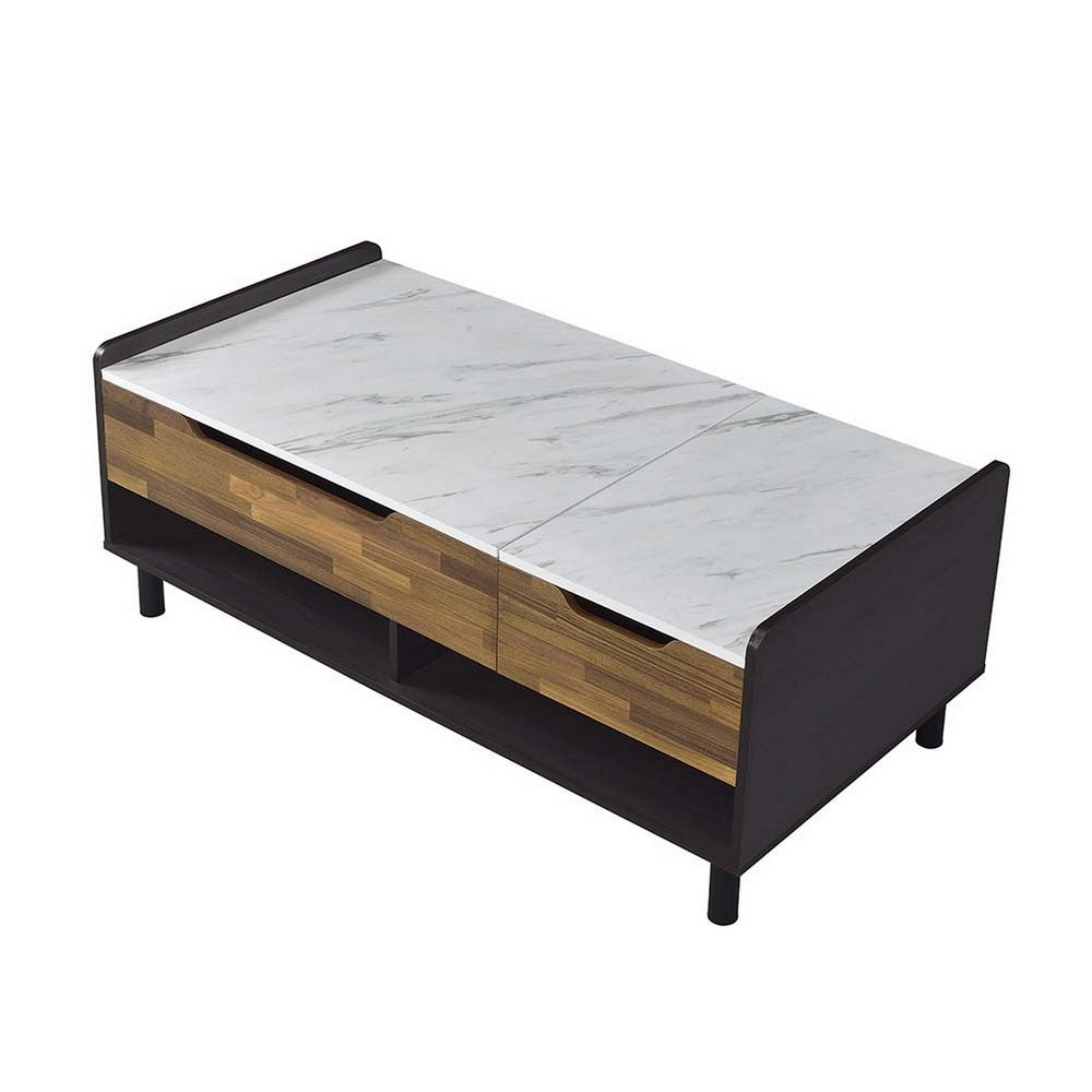 Benjara 47 Inch Coffee Table, Faux Marble Finished Top, Lift Top, Brown, Black