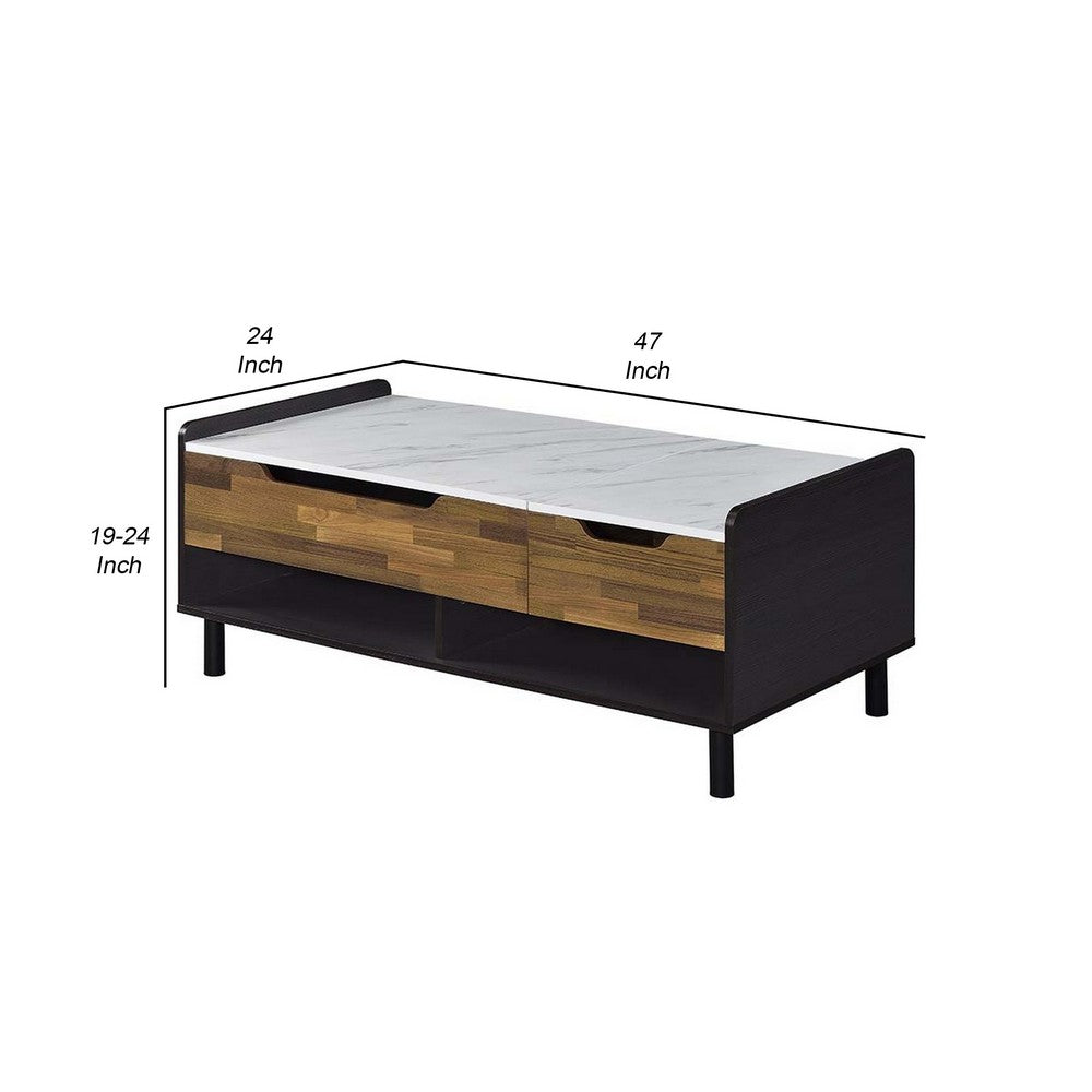 Benjara 47 Inch Coffee Table, Faux Marble Finished Top, Lift Top, Brown, Black